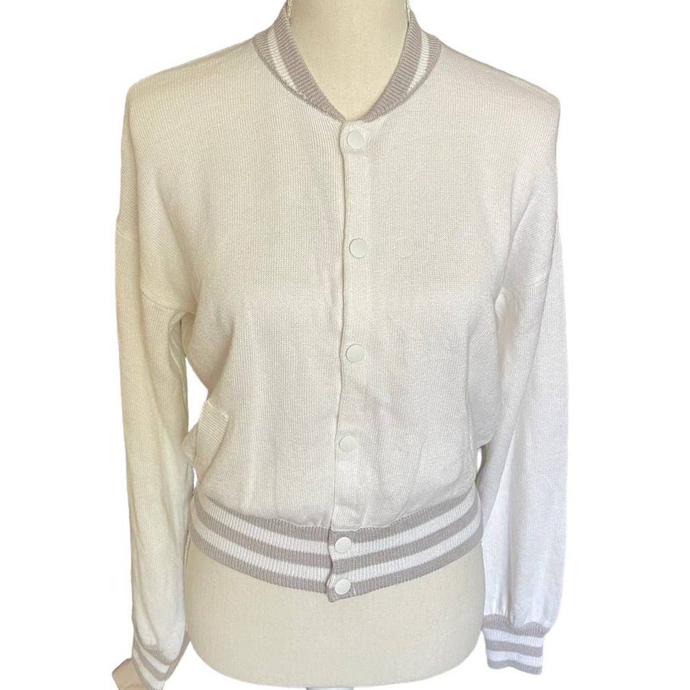 27 Miles Womens Button-Up Bomber  STYLE SWEATER Ribbed Hem Size S White